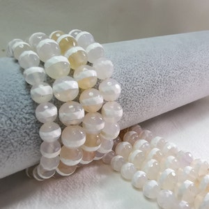 1 Full Strand Faceted Tibetan Agate Beads, White Stripe Agate Beads, Tibetan Dzi Beads, 8 /10mm To Choose From, DIY Jewelry Making, D041