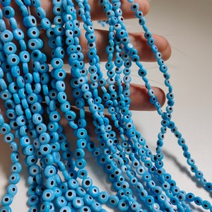 Glass Evil Eye Flat Beads, Turkish Evil Eye Beads, 4mm 6mm Blue Flat Round Evil Eye Beads, 14&quot; Full Strand, 1 - 3 Strands Optional, A605