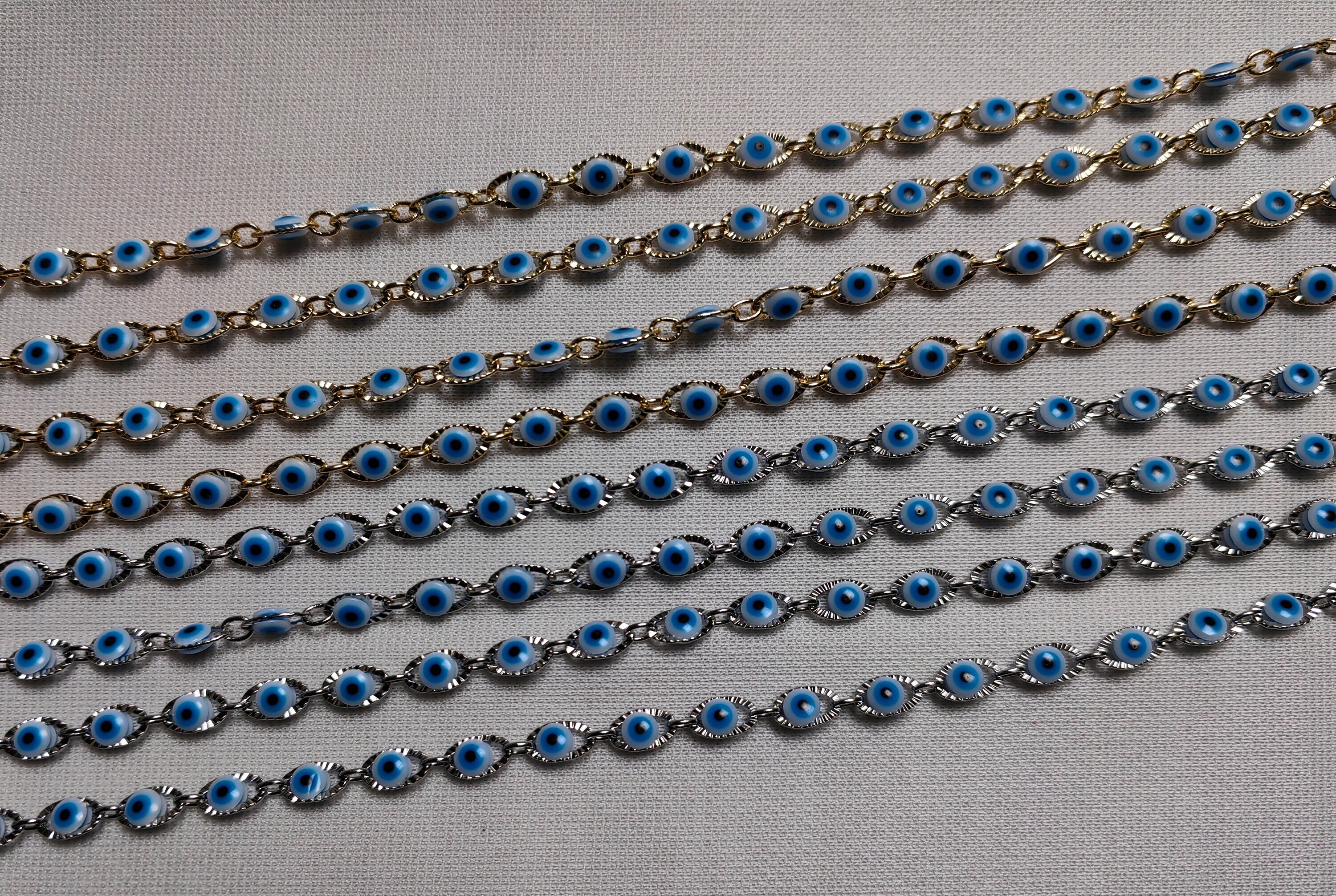 Evil Eye Chain, Moving Glass Beads, Marquee Crimped Link Chain 7x4.5mm, DIY  Jewelry Making, Shiny Silver Plated Brass, Small, 50cm