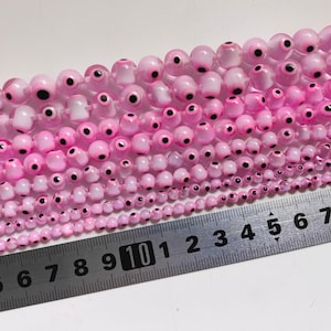Pink Glass Evil Eye Beads, Turkish Evil Eye Beads, 4 - 10mm Pink Round Evil Eye Spacer Beads ,DIY Jewelry Making, 14&quot; Strand, Findings, A127