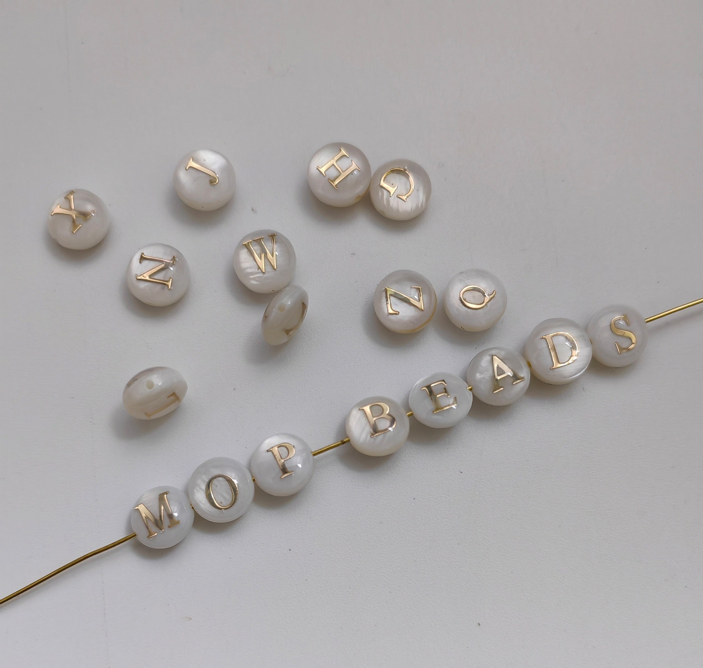 8mm Mother of Pearl Alphbet Beads, Double Sided White Shell With Gold ...
