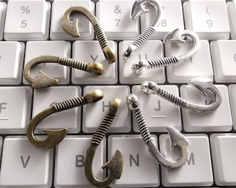 30pcs Metal Fish Hook Charms, 13x30mm Fish Hook Charms, Antique Silver / Bronze Fishing Hook Charms, DIY Jewelry Supply, Findings. C641