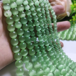 Smooth Green Cat Eye Round Beads, Cat Eye Loose Beads, 6 / 8 / 10mm To Choose From, DIY Bracelet Beads, 14” Full Strand， A708