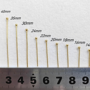 18k Gold Plated Ball Head Pins, 12 - 40mm Brass Ball End Headpins,  Component for Jewelry Making, 100 - 300 Optional, Findings, B502
