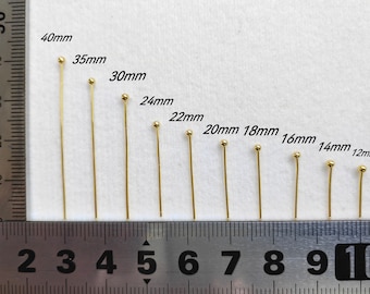 18k Gold Plated Ball Head Pins, 12 - 40mm Brass Ball End Headpins,  Component for Jewelry Making, 100 - 300 Optional, Findings, B502
