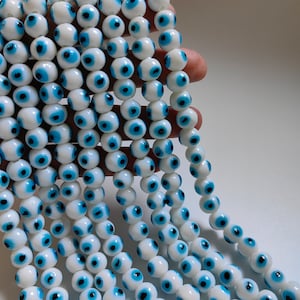 White Glass Evil Eye Beads, Turkish Evil Eye Beads, 8mm 10mm Evil Eye Beads, 3 Eye Glass Beads, 14&quot; Full Strand, DIY Jewelry, A615