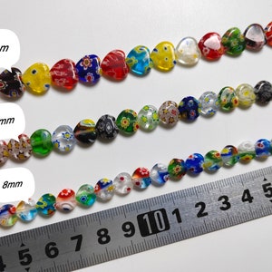 Mehrfarbige Millefiori Glasperlen in Herzform, 8mm 10mm 12mm Herzglasperlen, Herzblumenperlen in verschiedenen Farben, Millefiori-Befunde, B251