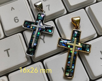 Collana con ciondolo a forma di croce in oro vermeil 18k. Madreperla, conchiglia di abalone. - Italia