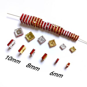 Red Rhinestone Square Spacer, Gold / Silver Plated Squaredelles Spacer, 6 - 10mm Square Beads, 30 - 100 Pcs Optional, DIY Jewelry, B522