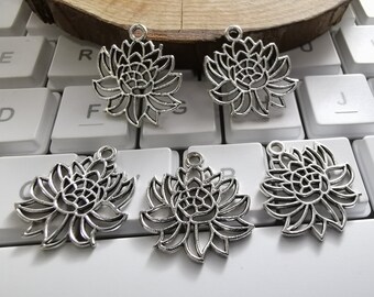 30 pcs Double Sided Lotus Charms, Antique Silver Hollow Lotus Charms, 21x22 mm Yoga Jewelry, DIY Jewelry, Buddhism Charm, Findings, C276