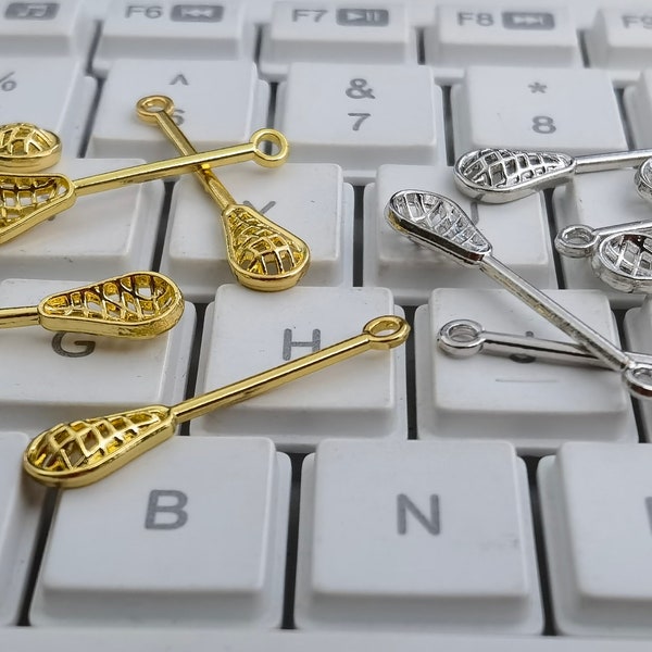 20 - 100pcs  Metal Lacrosse Stick Charms, Lacrosse Stick Pendants ,Gold Rhodium Plating Sports Jewelry, DIY jewelry supply, 7x33 mm Findings