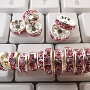 100 pcs Pink Rhinestone Rondelle Spacer Beads, Silver Plated Rondelle Spacer, Crystal Rondelle Beads, 6-10 mm offers options, Findings, B034