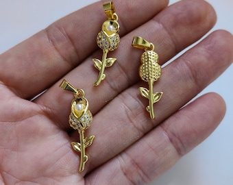 8x27mm CZ Micro Pave Rose Flower Charms, Gold Plated CZ Rose Flower Charms, Cubic Zirconia Flower Charm, 2 - 50Pcs Optional, Findings, C505