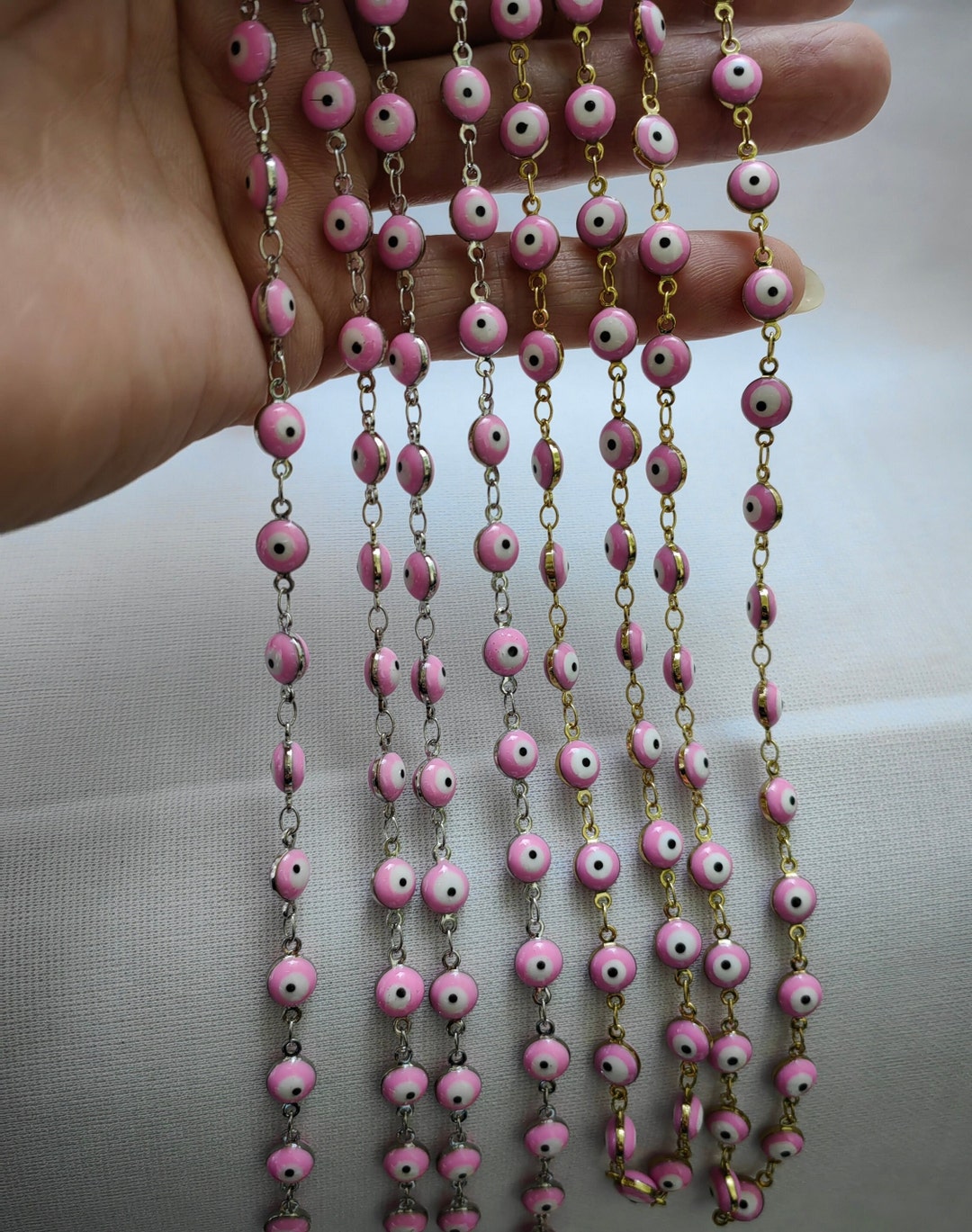 1 - 5 Meters Pink Double Sided Evil Eye Chain, 6.5mm Evil Eye Chain ...