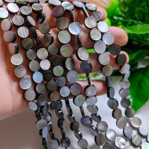 Black Lip Shell Round Flat Beads, 8mm 10 mm Shell Coin Beads, Hole 0.8mm, 15&quot; Strand, 1 - 3 Strands Optional, DIY Jewelry, Findings, B199