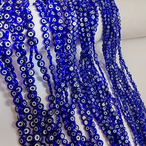 4 - 10mm Glass Evil Eye Flat Beads, Turkish Evil Eye Beads, Dark Blue Flat Round Evil Eye Beads, DIY Jewelry Supply, Evil Eye Jewelry, A541