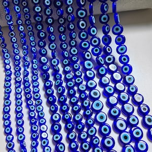 Glass Evil Eye Flat Beads, Turkish Evil Eye Beads, 6 - 12mm Dark Blue Flat Round Evil Eye Beads, DIY Jewelry Supply, 14‘’ Full Strand, A574