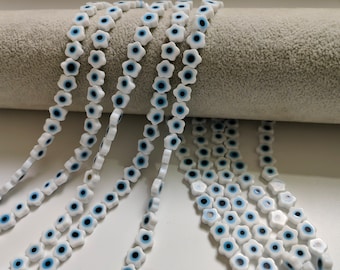 8mm White Flower Evil Eye Glass Beads, Double Sided Flower Eye Beads, Flat Round Evil Eye Beads, Flower Beads, 1 - 3 Strands Optional, A643