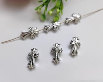 30 cuentas cruzadas de metal de doble cara, cuentas de plata antigua, cuentas cristianas de 11 x 17 mm, agujero de 1,5 mm, cuentas religiosas, accesorios, B619