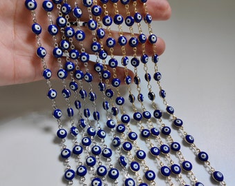 1 - 5 metros de cadena de mal de ojo azul de doble cara, cadena de mal de ojo de 6,6 mm, cadena de mal de ojo chapada en oro / plata, fabricación de joyas diy, C465