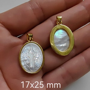 17x25 mm Oval White Mother Of Pearl Carving Saint Benedict Charms, Religious Medallion Pendant, 1 - 30 pcs Quantity Options. C364