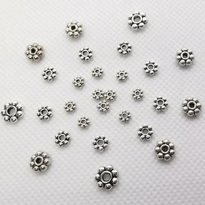 100 cuentas espaciadoras de metal plateado antiguo, cuentas de copo de nieve de 4 mm, 6 mm y 8 mm, cuentas nepalesas, cuentas de estilo tibetano, accesorios para bisutería, B291
