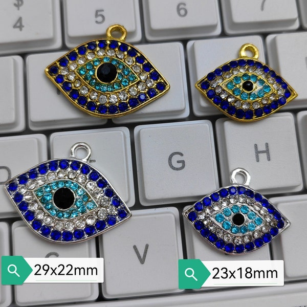 5 - 10pcs, Rhinestone Evil Eye Charms, 29x22mm . 23x18mm Metal Evil Eye Charms, DIY Evil Eye Jewelry, Turkish Evil Eye Charm, Findings. C089