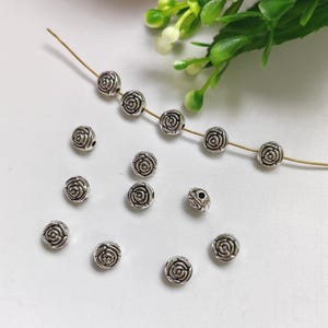 7mm Double Sided Rose Flower Beads, Antique Silver Metal Flower Spacer Beads, Tiny Metal Beads, 30 - 100pcs Optional, DIY Jewelry, B625