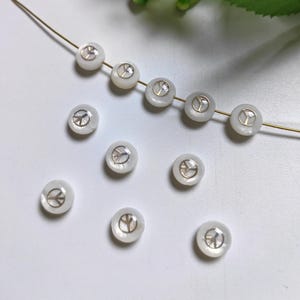 8mm Mother Of Pearl Peace Sign Beads, Double Sided White Shell With Gold Peace Sign Beads, MOP Coin Peace Beads, 5 -100 pcs Options. B652