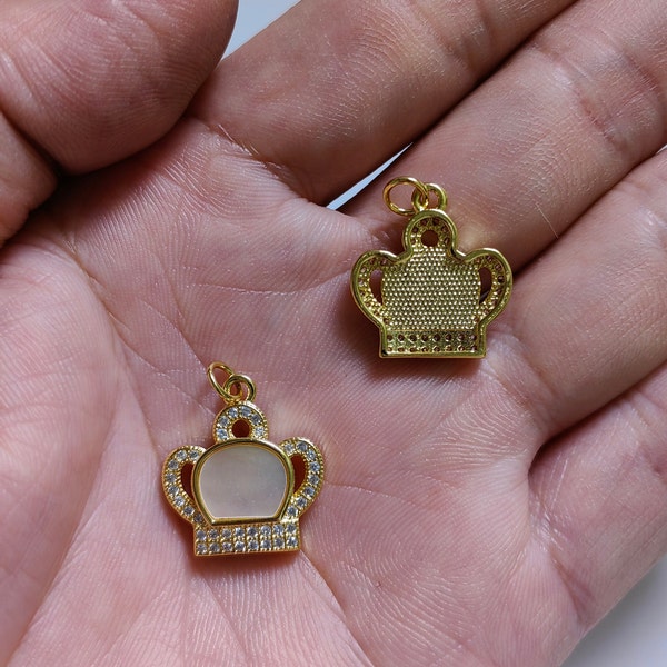 17x18mm CZ Micro Pave Crown Charms, Mother Of Pearl Crown Charms, Gold Plated Crown Charms, MOP Charms, 2 - 50 pcs Optional，Findings. C491