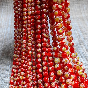 Millefiori Glass Beads, 6 - 10mm Red Flower Round Glass Beads, Millefiori Bracelet Accessories, DIY Bracelet Beads, Jewelry Making, A527