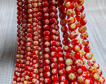 Millefiori Glass Beads, 6 - 10mm Red Flower Round Glass Beads, Millefiori Bracelet Accessories, DIY Bracelet Beads, Jewelry Making, A527