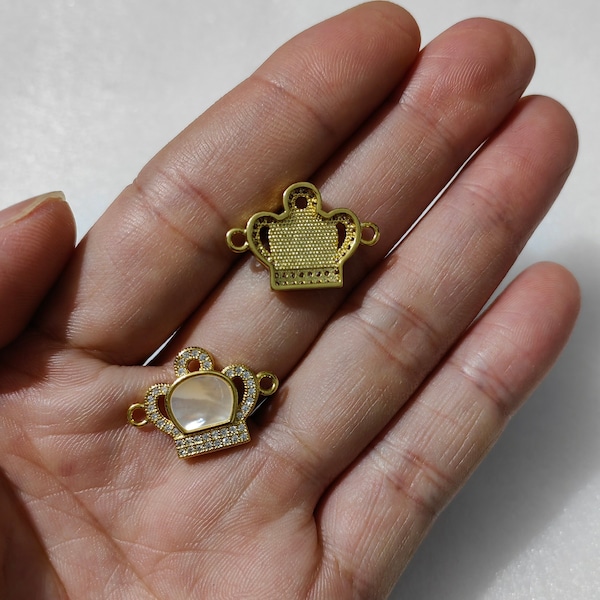 15x22mm CZ Micro Pave Crown Connectors, Mother Of Pearl Crown Connectors, Gold Plated CZ Crown Charms,  2 - 50 pcs Optional，Findings. C492