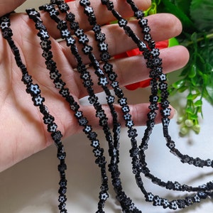 5~7mm Different Sizes Millefiori Flower Glass Beads, Black Millefiori Glass Flat Flower Beads, 15" Strand, 1 - 5 Strands Optional, A650