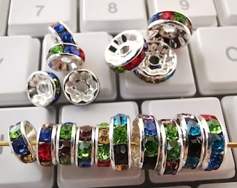 100 pezzi di distanziatore Rondelle con strass multicolore, perline di cristallo Rondelle, perline distanziatrici Rondelle placcate in argento, 6-10 mm offre opzioni, B394