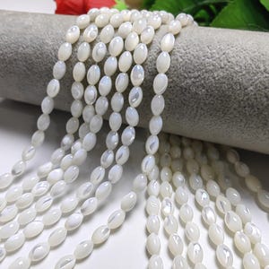 Natural Mother of Pearl Oval Beads, 5x8 , 6x9mm Mop Rice Beads, Hole 1mm, 15 inch Full Strand. White Shell Beads, DIY Jewelry,  B204