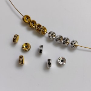50 o 100 cuentas espaciadoras antiguas de metal plateado o dorado, estilo nepalí, tibetano, de 7 x 3 mm, para pulseras DIY, B079