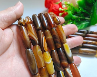 1 cuentas de ágata Dzi a rayas tibetanas de hebra completa, cuentas de ágata larga de 10x30 mm, cuentas de ágata tibetana, cuentas de barril de piedras preciosas, joyería diy, D262