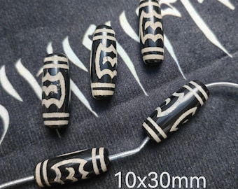 5 - 10pcs Black White Tibetan Bat Dzi Beads, Tibetan Agate Oval Beads, 10x30mm Tibetan Dzi Agate Barrel Beads, Hole 1.8mm, Findings, D222