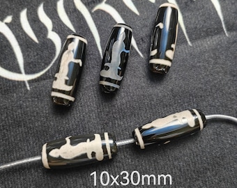 5 - 10pcs Black White Buddha Pattern Tibetan Dzi Beads, 10x30mm Tibetan Dzi Agate Barrel Beads, Hole 1.8mm, Tibetan Agate Oval Beads, D223