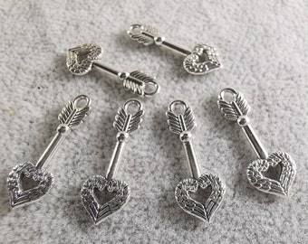 50pcs Antique Silver Cupids Heart Arrow Charms, Double Sided Arrow Charms, 9x25mm Heart Arrows , DIY Jewelry Supply, Findings, C050