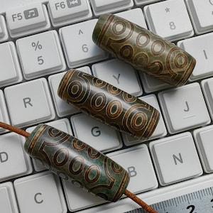 4 - 8 Pcs Tibetan 21 Eye Dzi Barrel Beads, 15x40mm Tibetan DZI Agate Beads, , Ancient Green Dzi Agate Rice Beads,Drum Eye DZI Beads, D215