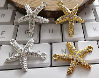 10 stuks Clear Rhinestone Starfish Connector, Metal Starfish Hangers, 31x23 mm, DIY Connector Jewelry Supply, Bevindingen. C355