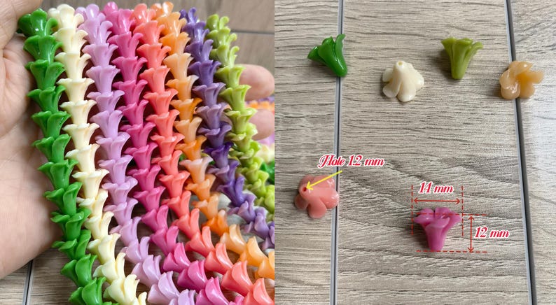 May include: A collection of multi-colored flower-shaped beads in green, cream, pink, orange, and purple. The beads measure 14 mm in width and 12 mm in height, with a 1.2 mm hole. The beads are arranged in vertical strands and as individual pieces.