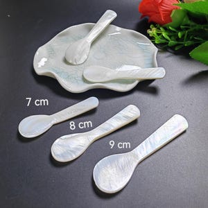 Puede incluir: Cuatro cucharas blancas de nácar de diferentes tamaños. Las cucharas miden 7 cm, 8 cm y 9 cm de largo.
