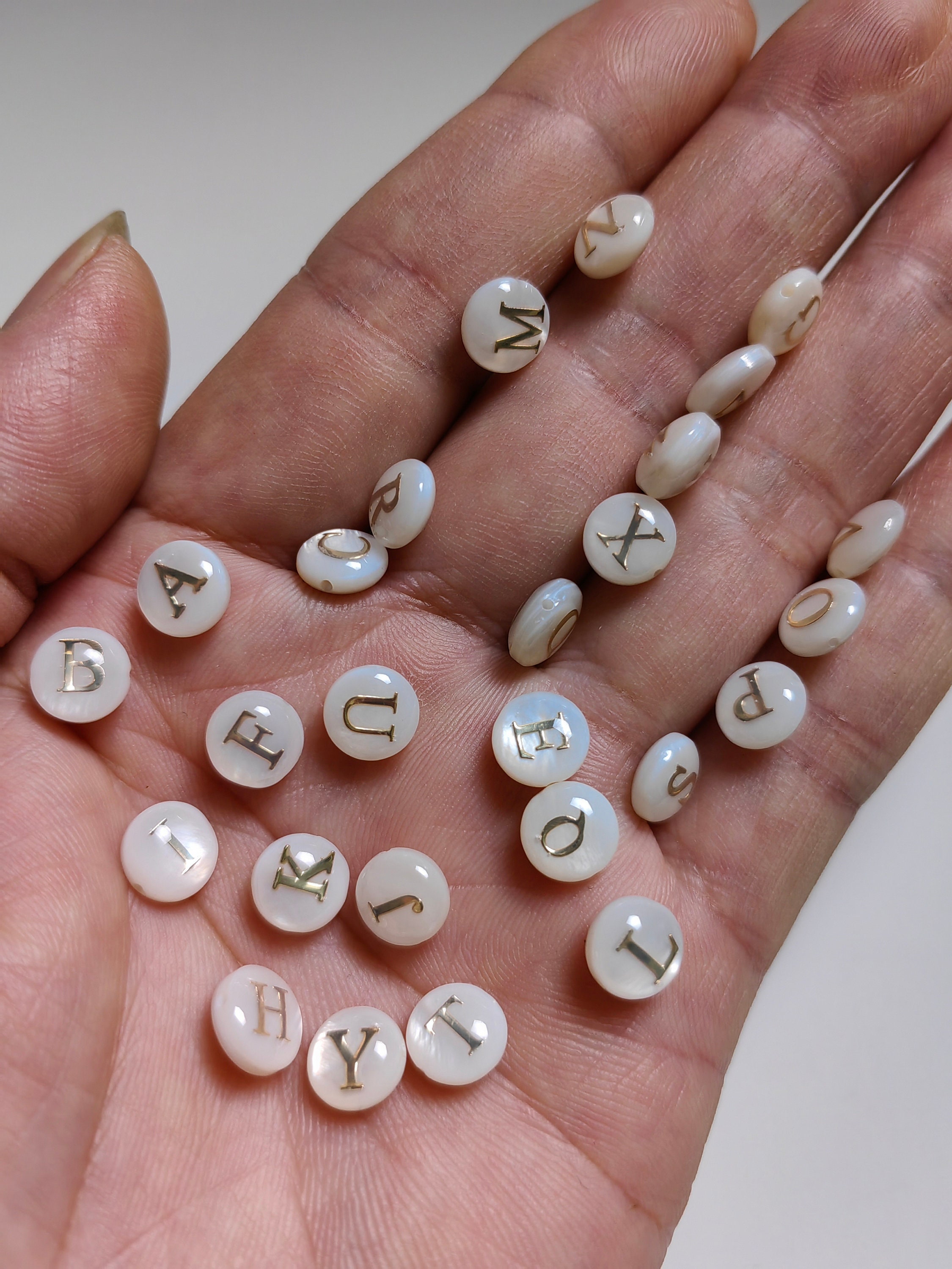 8mm Mother of Pearl Alphbet Beads, Double Sided White Shell With Gold ...