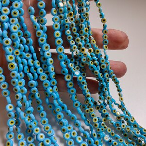 Glass Evil Eye Flat Beads, Turkish Evil Eye Beads, 4mm 6mm Blue Flat Round Evil Eye Beads, 14&quot; Full Strand, 1 - 3 Strands Optional, A604
