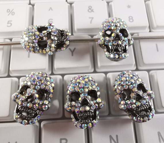 5 / 10 Pcs, Crystal-ab Rhinestone Skull Beads, Gun Metal Skull