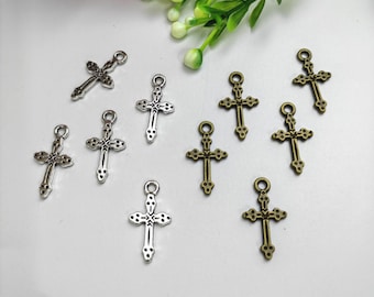 50 colgantes de cruz de doble cara, 11 x 21 mm, colgantes de cruz de metal, crucifijo cristiano, pequeños colgantes cristianos, suministros de joyería para bricolaje, accesorios, C548