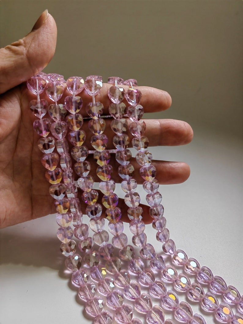 10 mm fasetterade kristallpärlor i hjärtform, glänsande kristallglaspärlor i hjärtform, rosa kristallpärlor, 40 cm sträng, gör-det-själv-smyckestillverkning, A641 bild 2